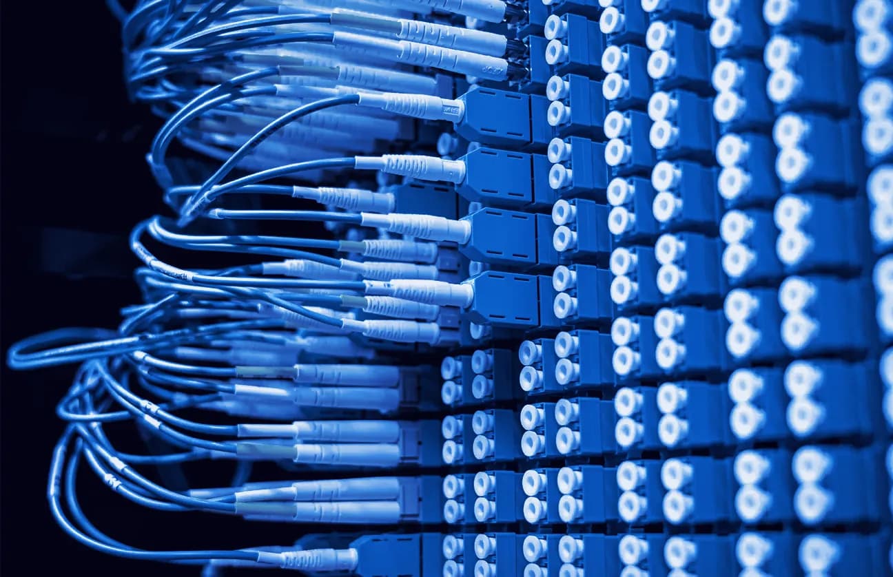 Fiber-optic cables connected to a network patch panel